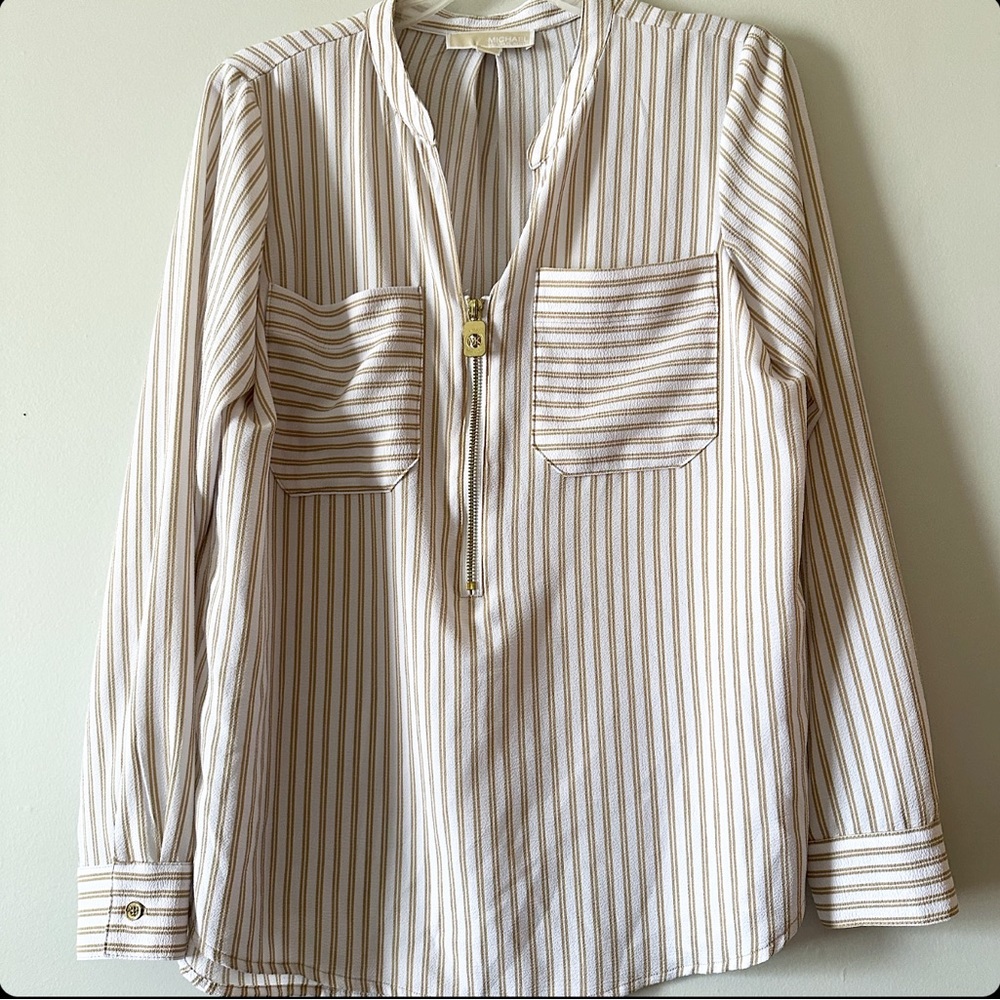 Michael Kors tan striped zip up blouse